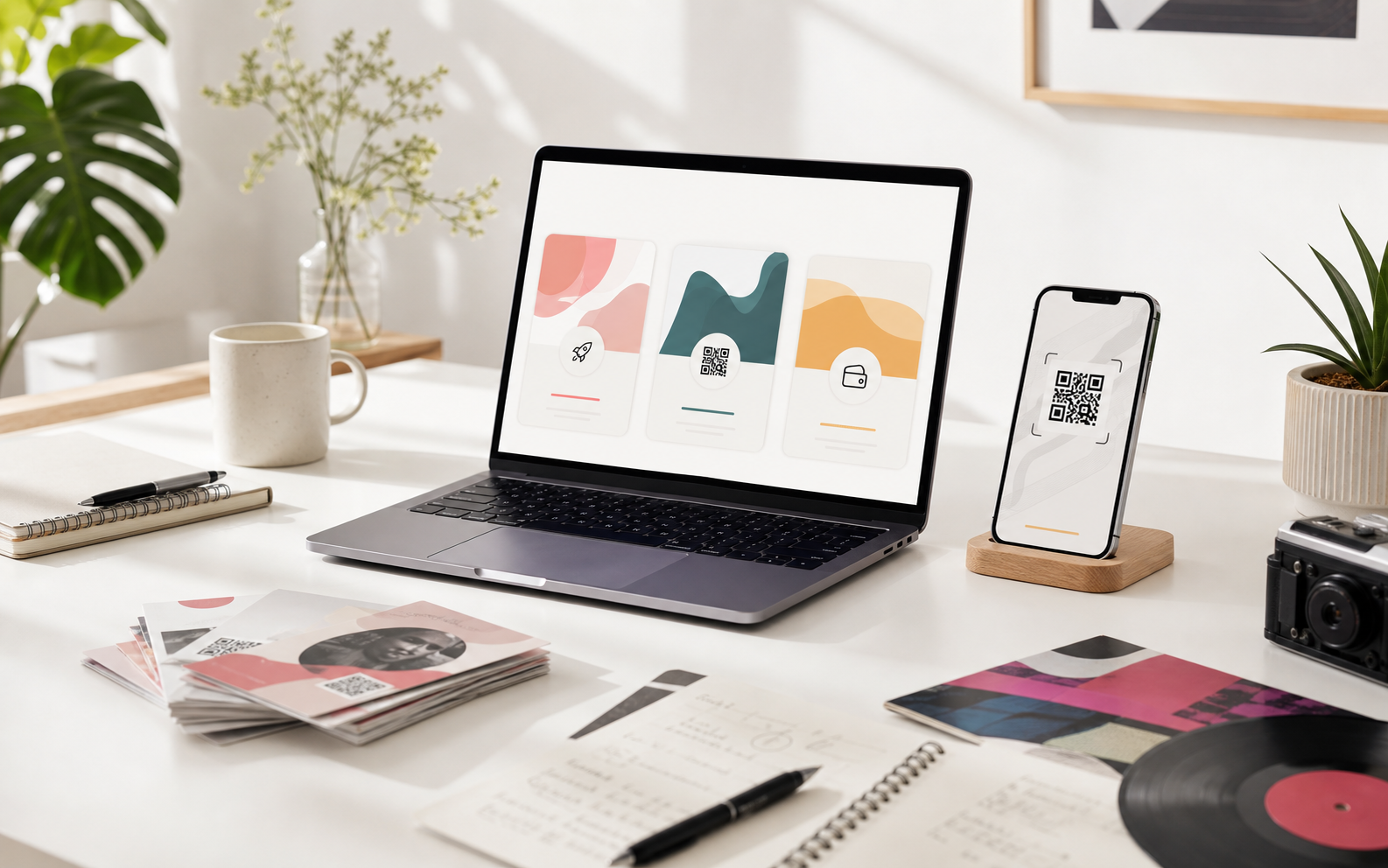 A bright workspace with app cards, QR tools and creative launch materials.
